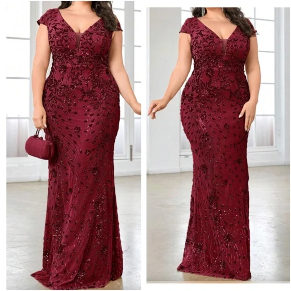 Plus V neck Sequin High Waisted Formal Black Tie Wedding Dress